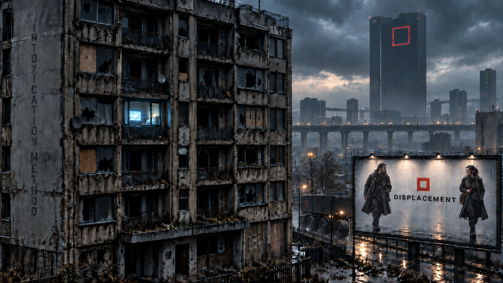 A derelict residential block under Square rule with one flat still lit by television, a Square monolith, crawler transport and a DISPLACEMENT billboard