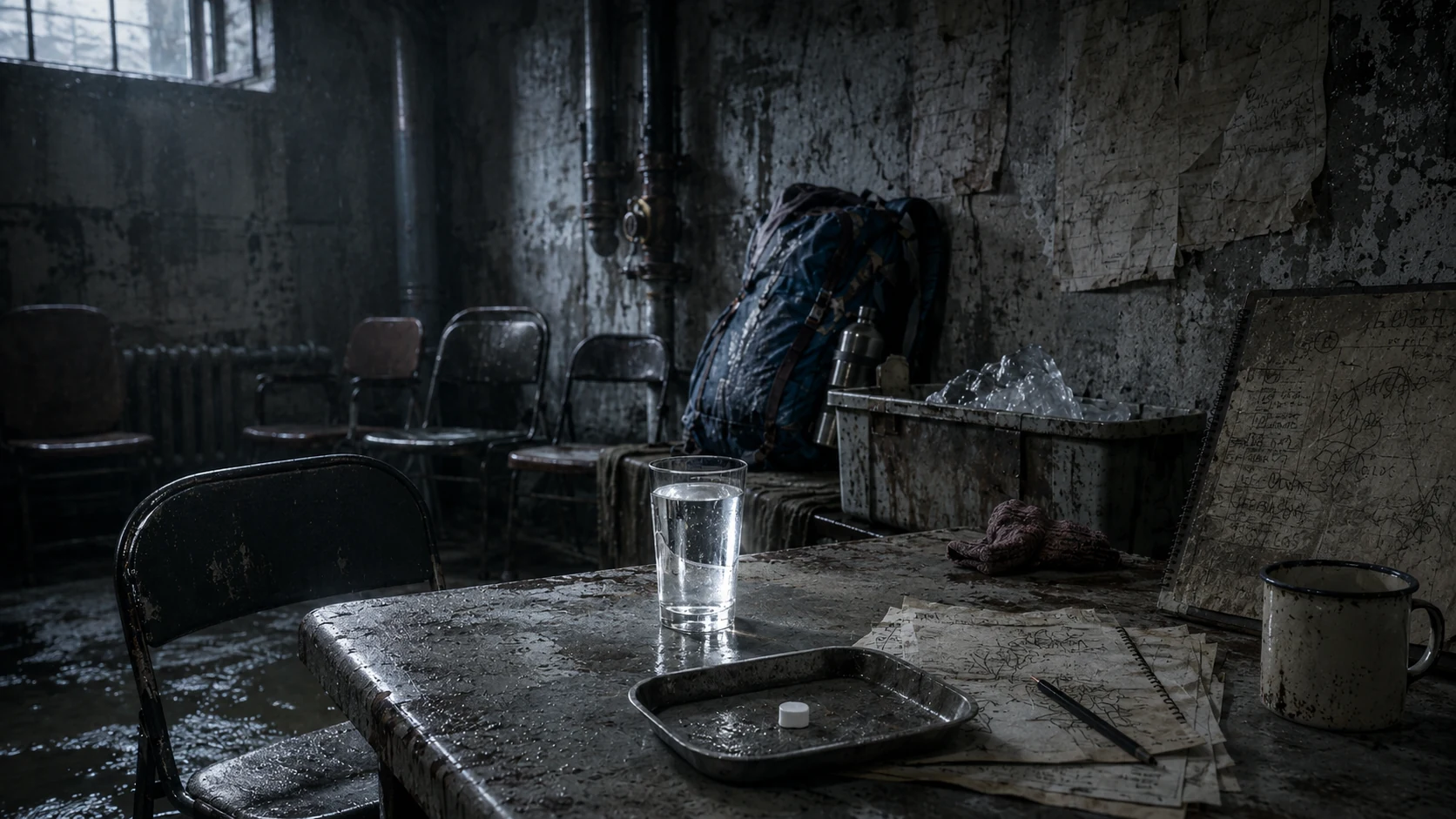 A resistance water testing room with a single glass of clear water, an empty chair, a scout pack and improvised testing equipment